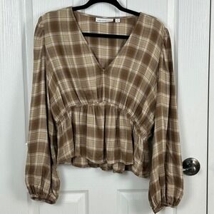 And Now This Brown Plaid Flannel Cropped Long Sleeve Peplum Blouse XL
